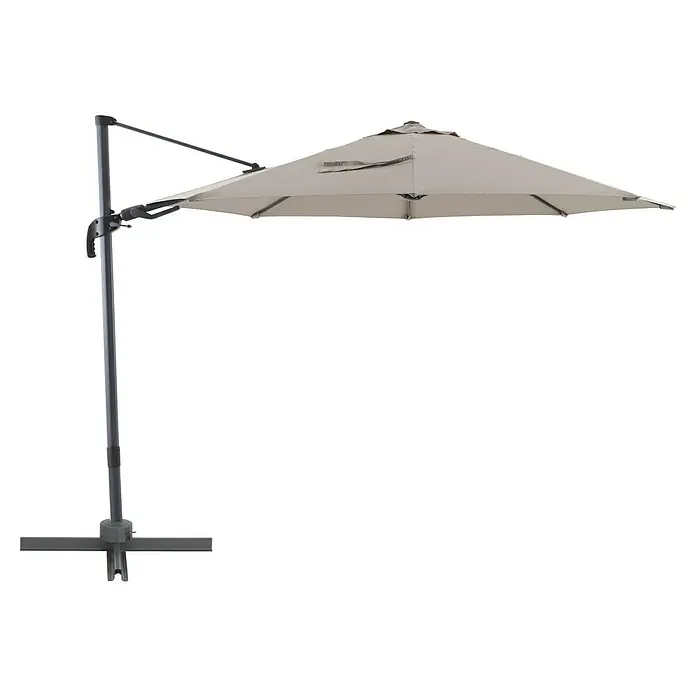 Sunfun Gartenmöbel-Set Maja/Capri - 10 -tlg., Night-Grey/Greige, Ausziehbar - Der elegante, freitragende Sonnenschirm in Beige bietet stilvollen Schatten und ist eine ideale Ergänzung für jeden Außenbereich.