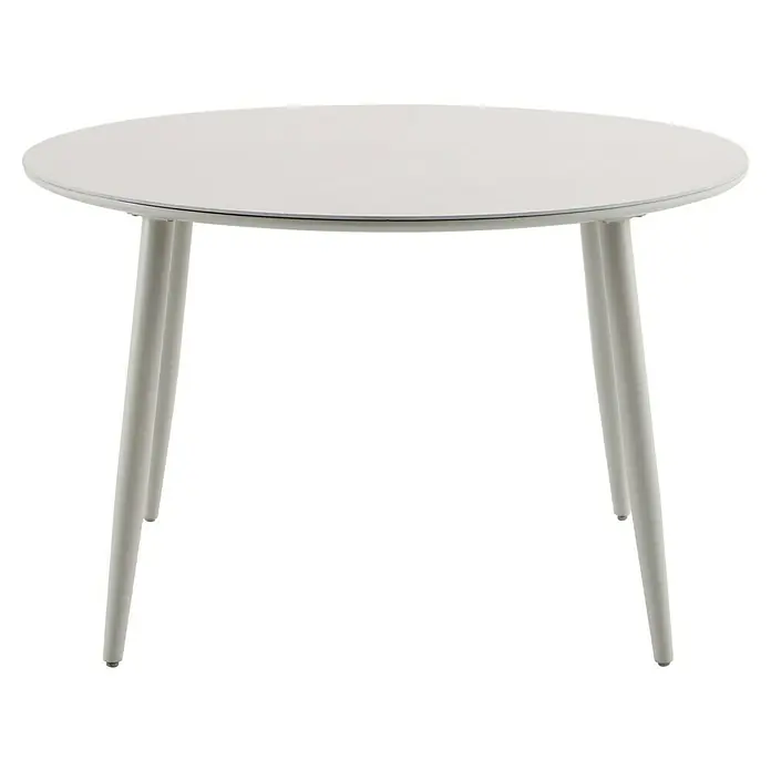 Sunfun Solo Gartentisch rund - Ø x H: 120 x 74 cm, Aluminium, Sintered Stone, Light-Greige - Elegantes, rundes Esstisch mit minimalistischem Design und weißer Oberfläche. Perfekt für moderne Essbereiche oder als stilvoller Beistelltisch geeignet.