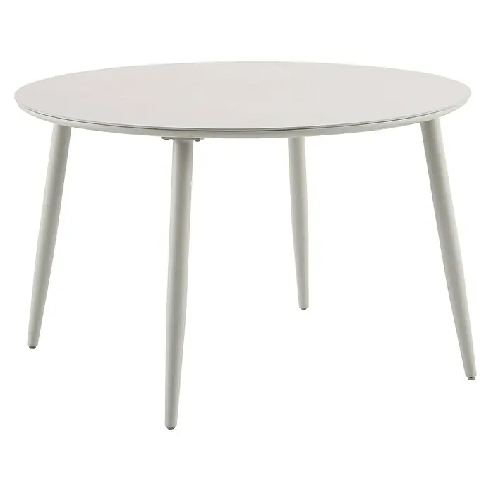 Sunfun Gartenmöbel-Set Solo - 5 -tlg., Aluminium/Sintered Stone/Textilen, Light-Greige, Klappbar - Das Bild zeigt einen runden, weißen Esstisch mit vier Beinen. Der Tisch ist schlicht und modern gestaltet.