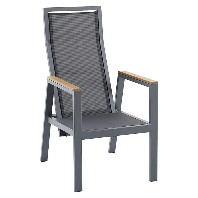 Sunfun Maja Garten-Positionssessel Deluxe - Aluminium, Polyester, Rückenlehne verstellbar, Night-Grey, B x T x H: 60 x 78 x 105 cm - Eleganter Gartenstuhl mit grauem Rahmen, Holzarmlehnen und Netzbespannung für stilvolle Entspannung im Freien.