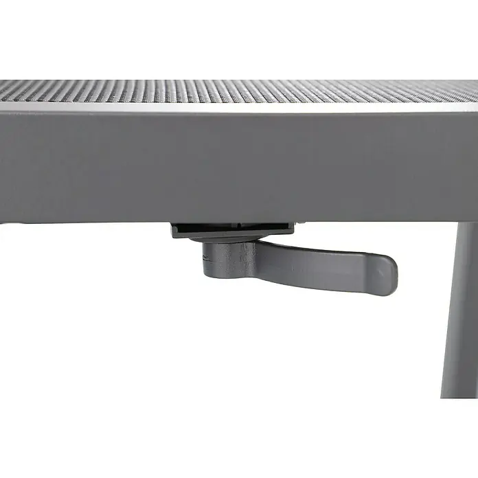 Sunfun Maja Garten-Positionssessel Deluxe - Aluminium, Polyester, Rückenlehne verstellbar, Night-Grey, B x T x H: 60 x 78 x 105 cm - Detailansicht eines grauen Tisches mit einem verstellbaren Hebel, der eine flexible Anpassung ermöglicht. Ideal für den modernen Wohnraum.