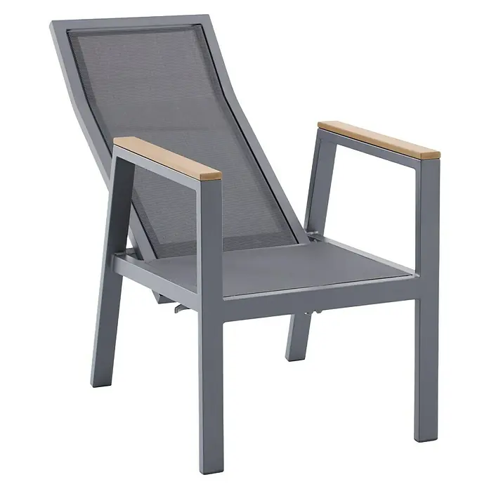 Sunfun Maja Garten-Positionssessel Deluxe - Aluminium, Polyester, Rückenlehne verstellbar, Night-Grey, B x T x H: 60 x 78 x 105 cm - Grauer Gartenstuhl mit Armlehnen und Netzrückenlehne für den Außenbereich.