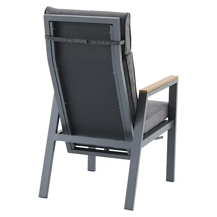 Sunfun Maja Garten-Positionssessel Deluxe - Aluminium, Polyester, Rückenlehne verstellbar, Night-Grey, B x T x H: 60 x 78 x 105 cm - Ansicht von hinten eines grauen Sessels mit einem Holzdetail an der Armlehne und einem bequemen grauen Sitzkissen.