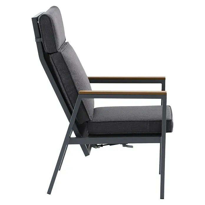 Sunfun Maja Garten-Positionssessel Deluxe - Aluminium, Polyester, Rückenlehne verstellbar, Night-Grey, B x T x H: 60 x 78 x 105 cm - Grauer Loungesessel mit Armlehnen aus Holz und bequemen Polstern für entspannte Momente im Freien.