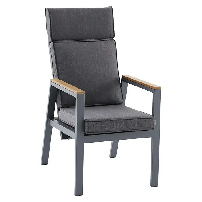 Sunfun Maja Garten-Positionssessel Deluxe - Aluminium, Polyester, Rückenlehne verstellbar, Night-Grey, B x T x H: 60 x 78 x 105 cm - Grauer Sessel mit Holzarmlehnen und gepolsterten Kissen für Komfort und Stil im Wohnbereich.