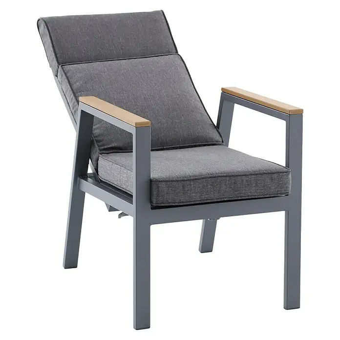Sunfun Maja Garten-Positionssessel Deluxe - Aluminium, Polyester, Rückenlehne verstellbar, Night-Grey, B x T x H: 60 x 78 x 105 cm - Moderner grauer Loungesessel mit Holzarmlehnen und bequemen Polstern für den Außenbereich.