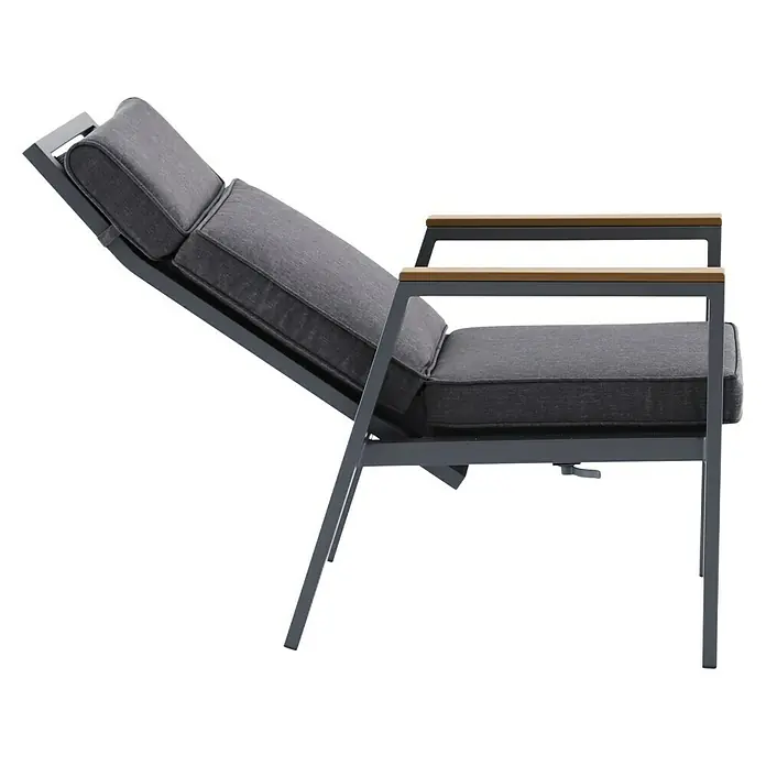 Sunfun Maja Garten-Positionssessel Deluxe - Aluminium, Polyester, Rückenlehne verstellbar, Night-Grey, B x T x H: 60 x 78 x 105 cm - Grauer Loungesessel mit verstellbarer Rückenlehne und Armlehnen mit Holzdetails, ideal zum Entspannen im Freien.