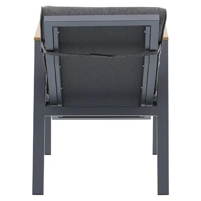 Sunfun Maja Garten-Positionssessel Deluxe - Aluminium, Polyester, Rückenlehne verstellbar, Night-Grey, B x T x H: 60 x 78 x 105 cm - Rückansicht eines Loungesessels. Das Möbelstück hat ein grau-schwarzes Design mit einer Holzarmlehne. Die Rückenlehne besteht aus Stoff und Netz.