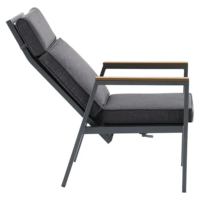 Sunfun Maja Garten-Positionssessel Deluxe - Aluminium, Polyester, Rückenlehne verstellbar, Night-Grey, B x T x H: 60 x 78 x 105 cm - Grauer Relaxsessel mit Holzarmlehnen, ideal für entspannte Stunden im Freien. Komfortables Design mit verstellbarer Rückenlehne.