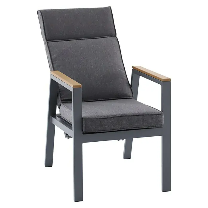 Sunfun Maja Garten-Positionssessel Deluxe - Aluminium, Polyester, Rückenlehne verstellbar, Night-Grey, B x T x H: 60 x 78 x 105 cm - Ein stilvoller grauer Sessel mit Armlehnen aus hellem Holz, ideal für entspannte Stunden im Freien.