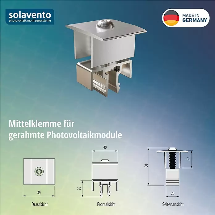 Solavento Mittelklemme - Aluminium, Silber, Geeignet für: Schrägdach - Silberfarbene Mittelklemme aus Metall mit Sternschraube für gerahmte Solarmodule. Made in Germany.