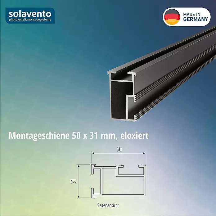 Solavento Montageschiene Solavento - 2.400 x 31 x 50 mm, Schwarz, Geeignet für: Schrägdach - Dunkelgraue eloxierte Aluminium-Montageschiene für PV-Anlagen, 50x31mm, mit Querschnittzeichnung.