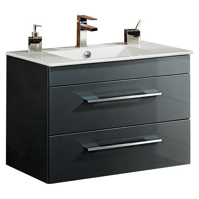 Camargue Stella K Waschtischunterschrank (47 x 80 x 55 cm, 2 Schubkästen, Grafit, Hochglanz)