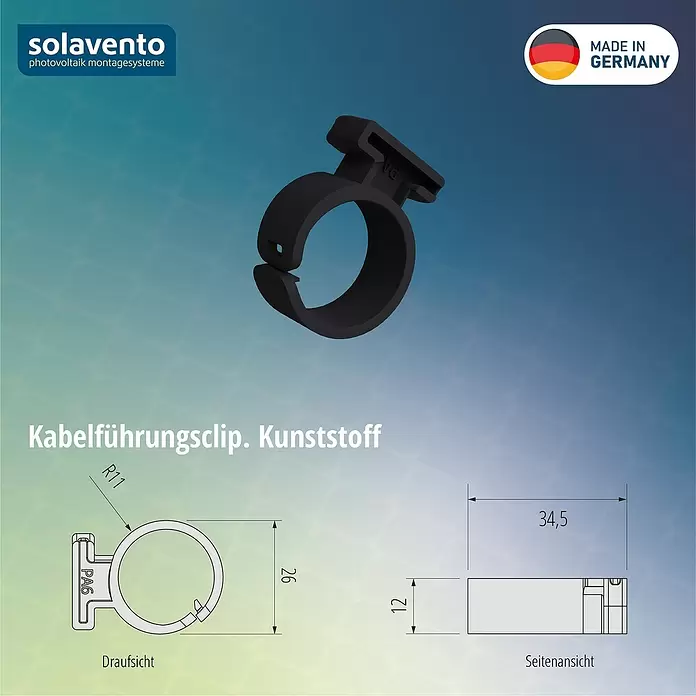 Solavento Kabelführung Solavento - Länge: 12 mm, Geeignet für: Schrägdach - Schwarzer Kunststoff-Kabelführungsclip für Photovoltaiksysteme, mit technischen Zeichnungen.