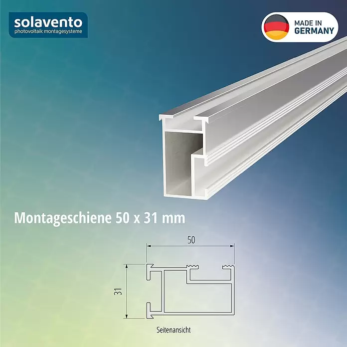 Solavento Montageschiene Solavento - 3.650 x 31 x 50 mm, Silber, Geeignet für: Schrägdach - Silberne Aluminium-Montageschiene für Photovoltaiksysteme, zeigt Querschnitt und Abmessungen 50x31 mm.