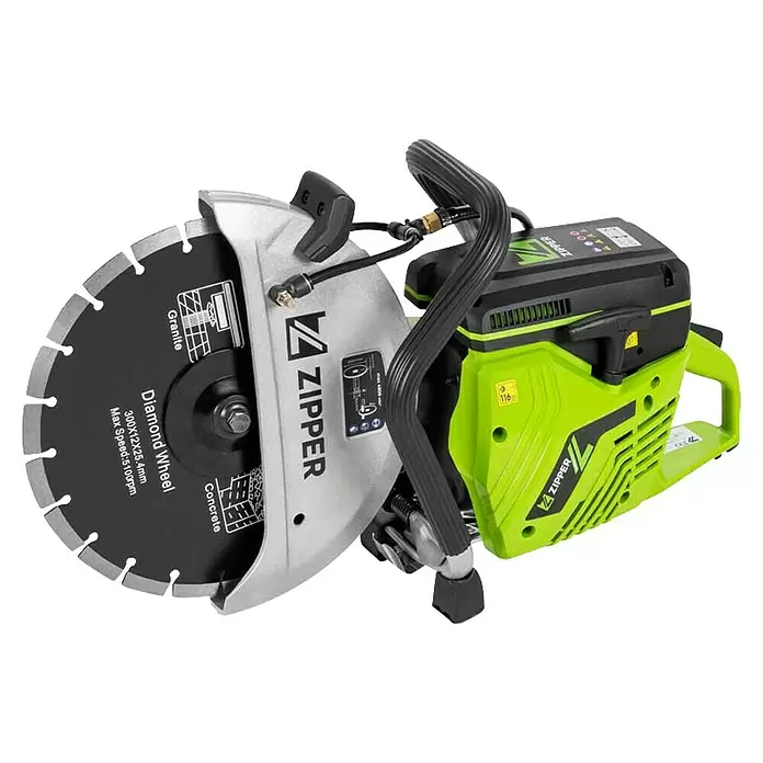 Zipper Betontrennschneider ZI-BTS300T - 2,4 kW, Durchmesser Scheibe: 300 mm, Schnitthöhe: 105 mm - Grüne und schwarze ZIPPER Trennsäge mit großer Diamantscheibe zum Schneiden von Granit und Beton.