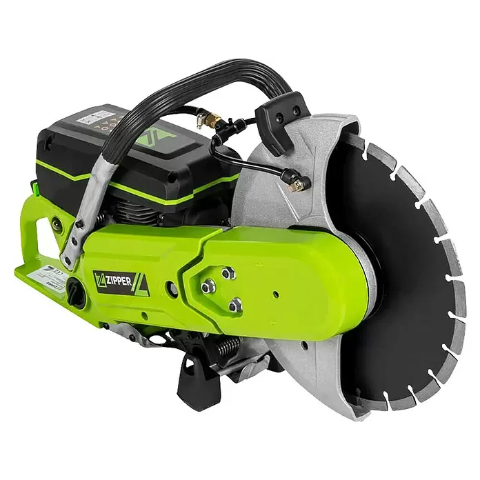 Zipper Betontrennschneider ZI-BTS300T - 2,4 kW, Durchmesser Scheibe: 300 mm, Schnitthöhe: 105 mm - Eine limettengrüne und schwarze Trennsäge mit silbernem Blattschutz und schwarzer Diamanttrennscheibe.
