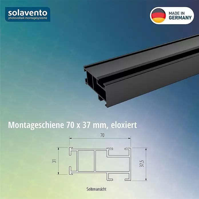 Solavento Montageschiene Solavento - 2.400 x 37 x 70 mm, Schwarz, Geeignet für: Schrägdach - Schwarze eloxierte Aluminium-Montageschiene (70x37mm) für Photovoltaiksysteme, mit technischer Zeichnung.