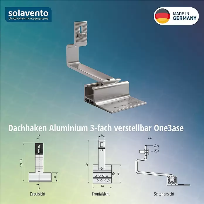 Solavento Dachhaken Solavento - Breite: 100 mm, Aluminium, 3x verstellbar, Geeignet für: Schrägdach - Aluminium 3-fach verstellbarer Dachhaken für Photovoltaik-Montagesysteme.