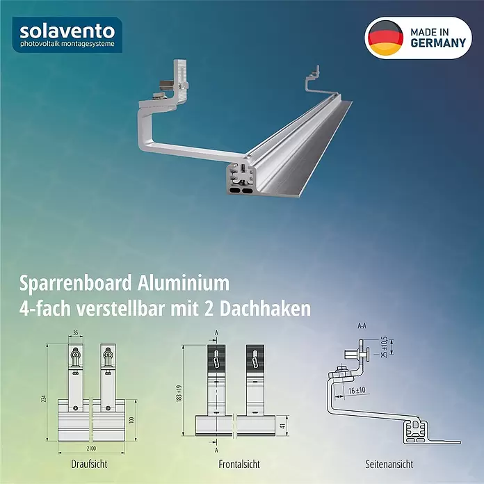 Solavento Sparrenboard - Aluminium, Geeignet für: Schrägdach - Silbernes Aluminium Sparrenboard, 4-fach verstellbar, mit zwei Dachhaken für Photovoltaik-Montagesysteme.