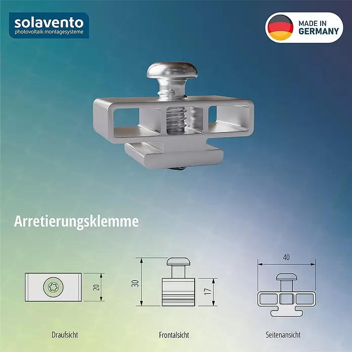 Solavento Arretierung Solavento - Aluminium, Geeignet für: Schrägdach - Silberne Arretierungsklemme aus Metall mit integrierter Schraube und Sternantrieb, inklusive technischer Maße.