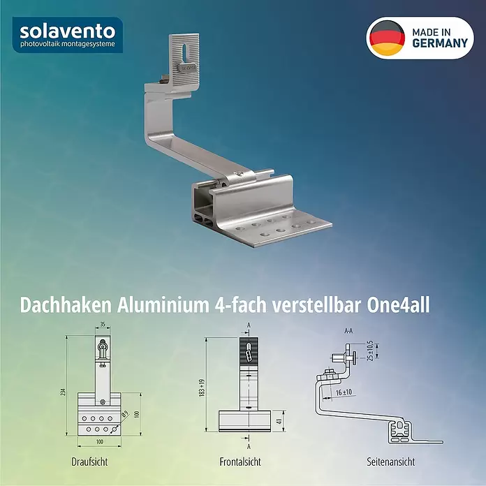 Solavento Dachhaken Solavento - Breite: 100 mm, Aluminium, 4 x verstellbar, Geeignet für: Schrägdach - Aluminium 4-fach verstellbarer Dachhaken für Photovoltaik-Montagesysteme.