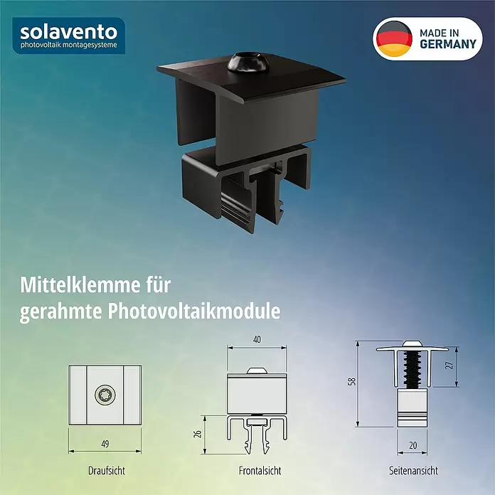 Solavento Mittelklemme - Aluminium, Schwarz, Geeignet für: Schrägdach - Schwarze Mittelklemme für gerahmte Photovoltaikmodule, mit technischen Maßen dargestellt.