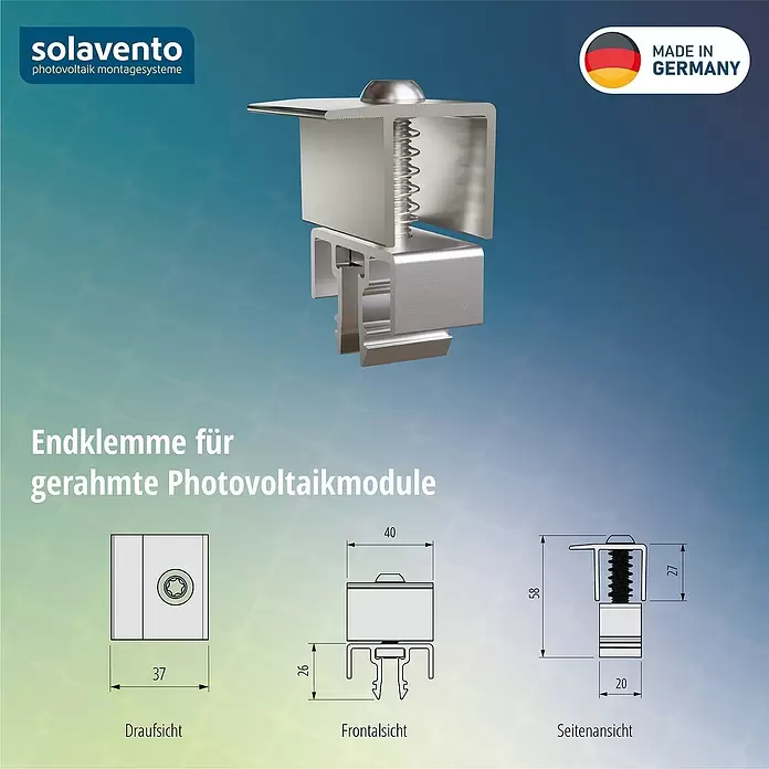 Solavento Endklemme Solavento - Silber, Aluminium, Geeignet für: Schrägdach - Silberne Metall-Endklemme für gerahmte Photovoltaikmodule, mit Maßzeichnungen.
