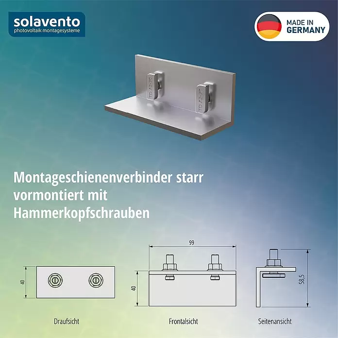 Solavento Verbindungselement Solavento - Aluminium, Geeignet für: Schrägdach - Metallischer, L-förmiger Montageschienenverbinder mit zwei vormontierten Hammerkopfschrauben, für Photovoltaik-Montagesysteme.