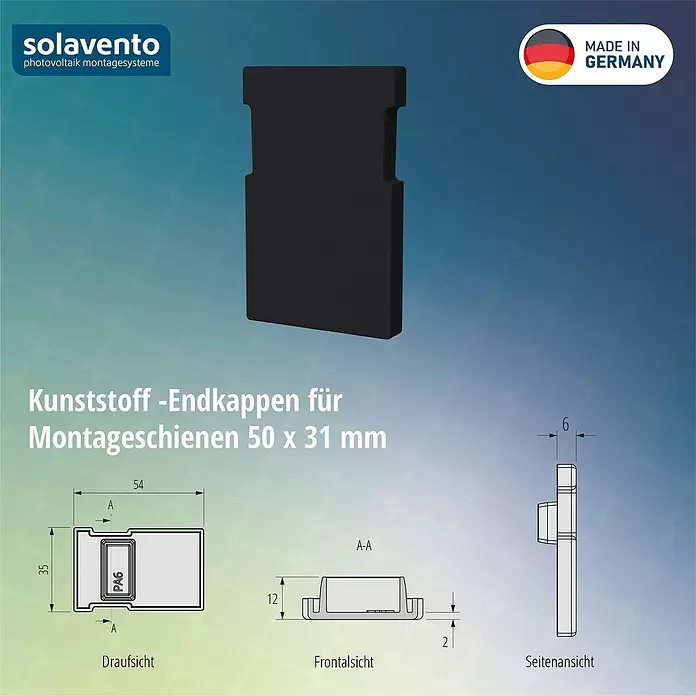 Solavento Endkappe Solavento - L x B x H: 30 x 35 x 55 mm, Geeignet für: Schrägdach - Schwarze Kunststoff-Endkappe für 50x31mm Montageschienen.