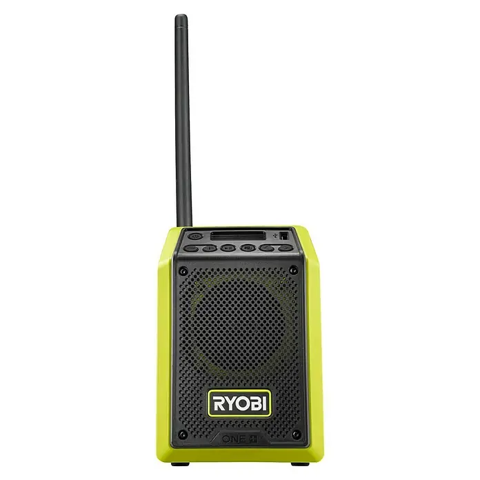 Ryobi ONE+ Akku-Bluetooth-Radio RRDAB18-0 - 10 W, Ohne Akku - Ryobi ONE+ Radio mit einem robusten, gelb-schwarzen Design und einer Antenne für optimalen Empfang.