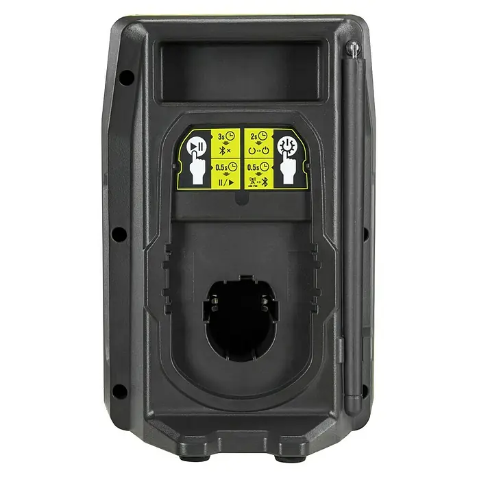 Ryobi ONE+ Akku-Bluetooth-Radio RRDAB18-0 - 10 W, Ohne Akku - Nahaufnahme der Rückseite eines schwarzen Geräts mit Bedienfeldern, Batterieanschluss und Antenne.