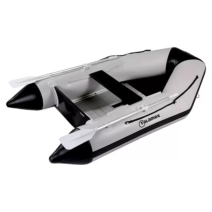 Talamex Schlauchboot Aluminiumboden Aqualine QLX250 - L x B: 250 x 152 cm, Tragkraft: 400 kg, Geeignet für: 2+1 Personen - Weiß-schwarzes Schlauchboot mit Aluminiumboden und silbernen Rudern.