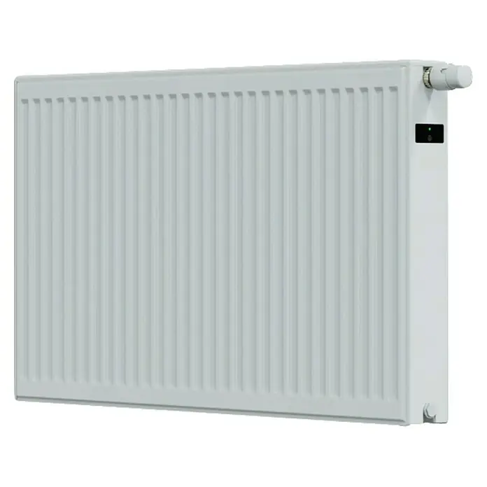 Niedertemperaturheizkörper Kompakt Xmart - 800 x 900 mm, 944 W, Typ Heizkörper: 22 - Ein weißer Heizkörper mit Thermostat und grüner Betriebsanzeige, ideal für effizientes Heizen und modernes Design.