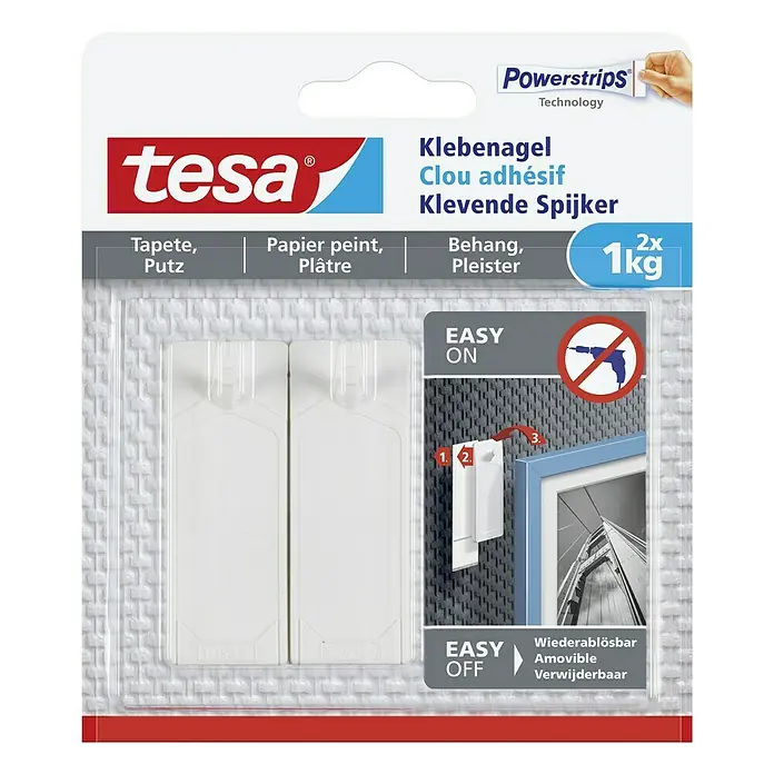 Tesa Klebenagel - Geeignet für: Tapeten, Belastbarkeit: 1 kg, 2 Stk., Weiß - Tesa Klebenägel für Tapete und Putz, 2 Stück, halten bis zu 1kg. Ideal für Bilderrahmen, einfach anzubringen und wieder ablösbar.