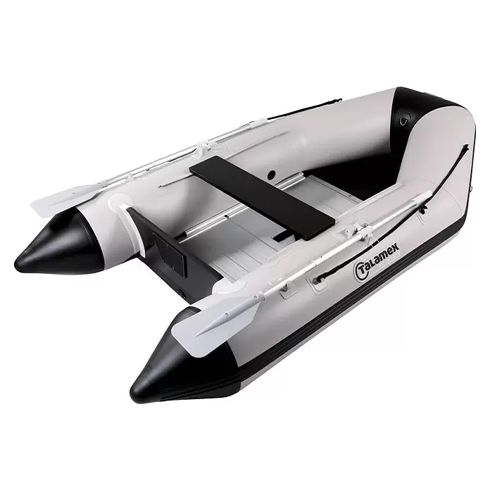 Talamex Schlauchboot Aluminiumboden Aqualine QLX270 - B x L: 152 x 270 cm, Traglast: 410 kg, Grau - Weiß-schwarzes Schlauchboot mit Aluminiumrudern und einer schwarzen Sitzbank.