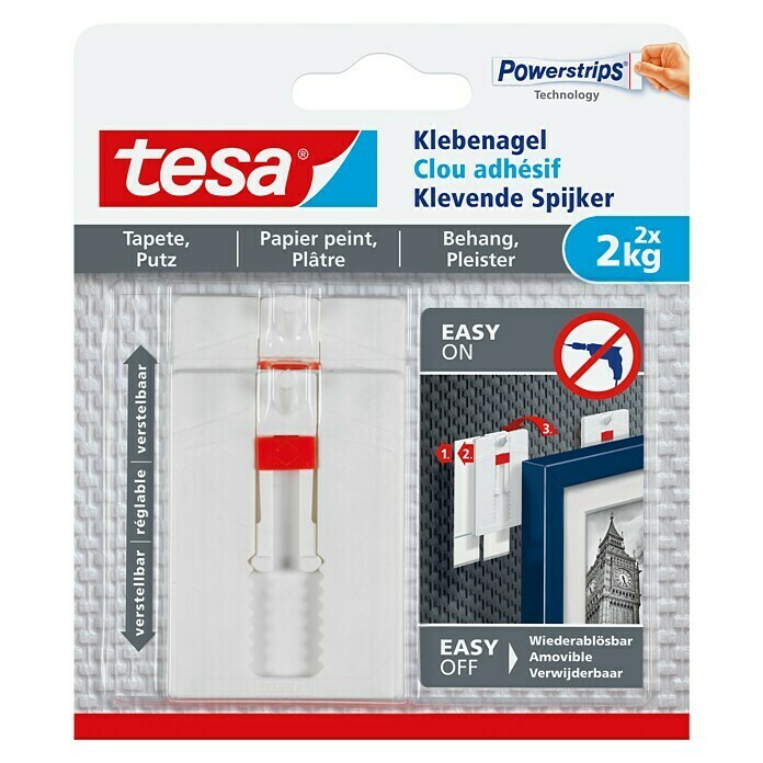 Tesa Verstellbarer Klebenagel (Geeignet für: Tapeten, Belastbarkeit: 2 kg, 2 Stk., Weiß)