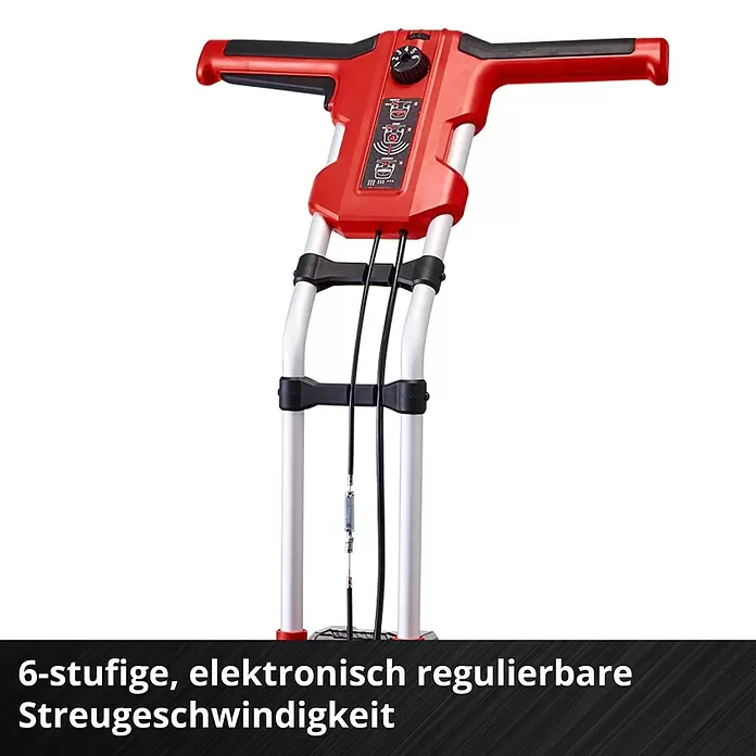 Einhell Power X-Change 18V Streuwagen GE-SR 18/22 - Akkubetrieben, Arbeitsbreite: 600 cm, 22 l - Roter und schwarzer Streuwagen-Griff mit 6-stufigem Drehregler für die elektronisch regulierbare Streugeschwindigkeit.