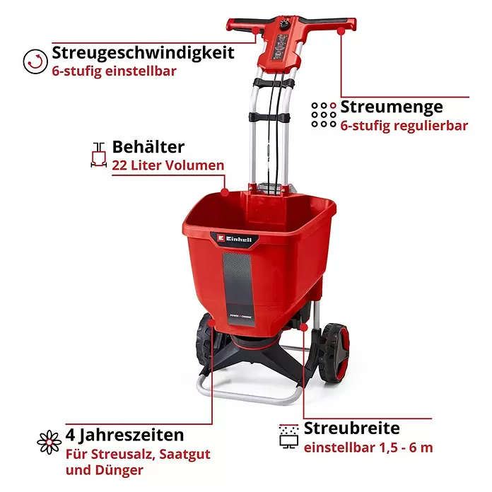 Einhell Power X-Change 18V Streuwagen GE-SR 18/22 - Akkubetrieben, Arbeitsbreite: 600 cm, 22 l - Roter und schwarzer Einhell Streuwagen mit 22L Behälter, einstellbarer Geschwindigkeit, Menge und Streubreite für Salz, Saatgut oder Dünger.