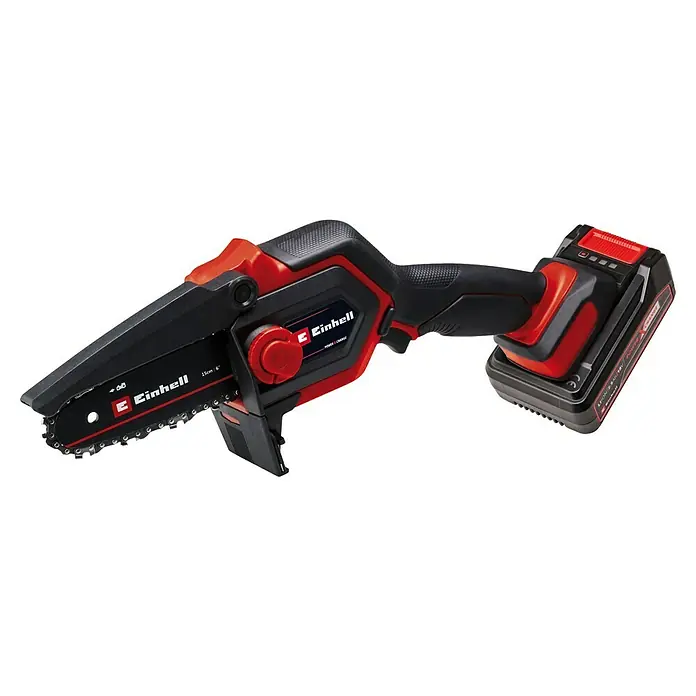 Einhell Power X-Change 18V Akku-Kettensägen-Set GE-PS18-15LI - 18 V, Anzahl Akkus: 1 Akku, Schwertlänge: 158 mm - Nahaufnahme einer Einhell Akku-Kettensäge, die die kompakte Bauweise und die rote und schwarze Farbgebung hervorhebt.