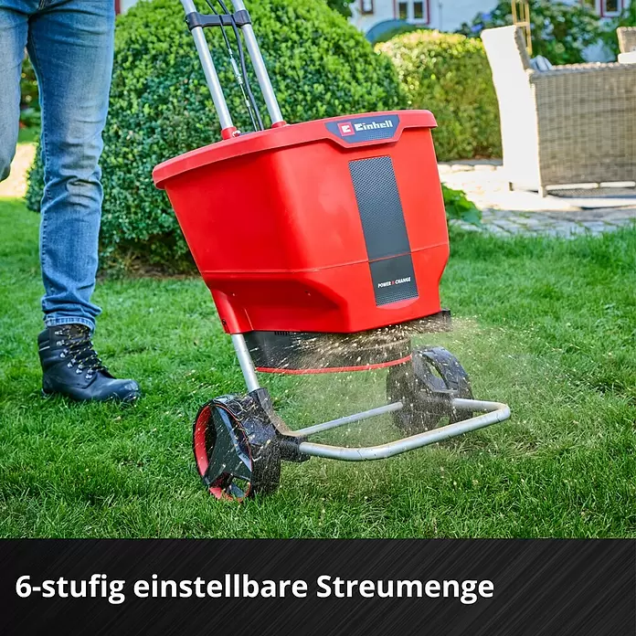 Einhell Power X-Change 18V Streuwagen GE-SR 18/22 - Akkubetrieben, Arbeitsbreite: 600 cm, 22 l - Roter Einhell Streuwagen verteilt Granulat. Mit 6-stufig einstellbarer Streumenge.