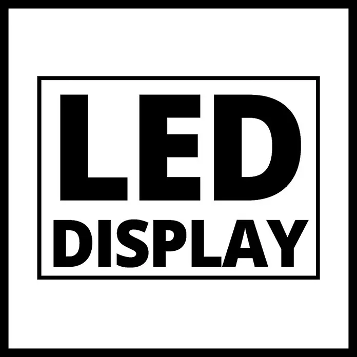 Einhell Power X-Change 18V Mähroboter Freelexo 500 - 500 m², Schnittbreite: 18 cm, Induktionsgestützte Navigation, Begrenzungskabel - Schwarzer Text „LED DISPLAY“ in einem schwarzen rechteckigen Rahmen.