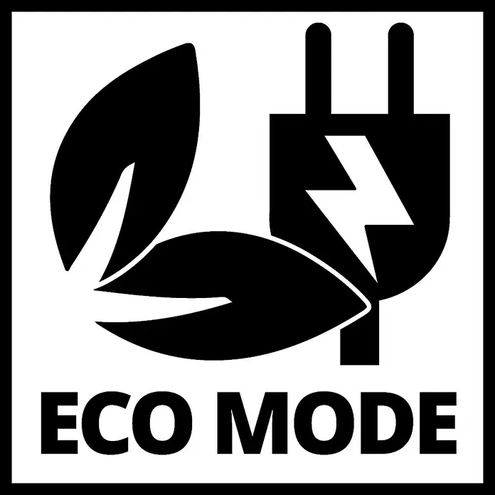 Einhell Power X-Change 18V Mähroboter Freelexo 500 - 500 m², Schnittbreite: 18 cm, Induktionsgestützte Navigation, Begrenzungskabel - Symbol für den Öko-Modus mit Blättern und Stecker, das auf Energieeffizienz und Umweltfreundlichkeit hinweist.