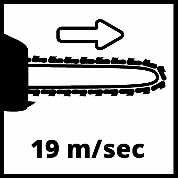 Einhell Professional Akku-Kettensäge GP-LC 36/40 - 36 V, Li-Ionen, Ohne Akku, Schwertlänge: 40 cm - Motorsägenkette und -schwert mit Pfeil, der eine Kettengeschwindigkeit von 19 m/s anzeigt.