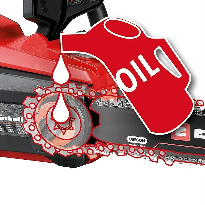 Einhell Professional PXC 18V Akku-Kettensäge GP-LC 36/40 - 36 V, Li-Ionen, Ohne Akku, Schwertlänge: 40 cm - Nahaufnahme einer Kettensäge mit Ölanzeige.
