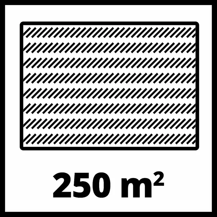 Einhell Spindelmäher GE-HM 38 S - Schnittbreite: 38 cm - Symbol für eine Fläche von 250 m², dargestellt mit schraffiertem Rechteck und der Aufschrift "250 m²".
