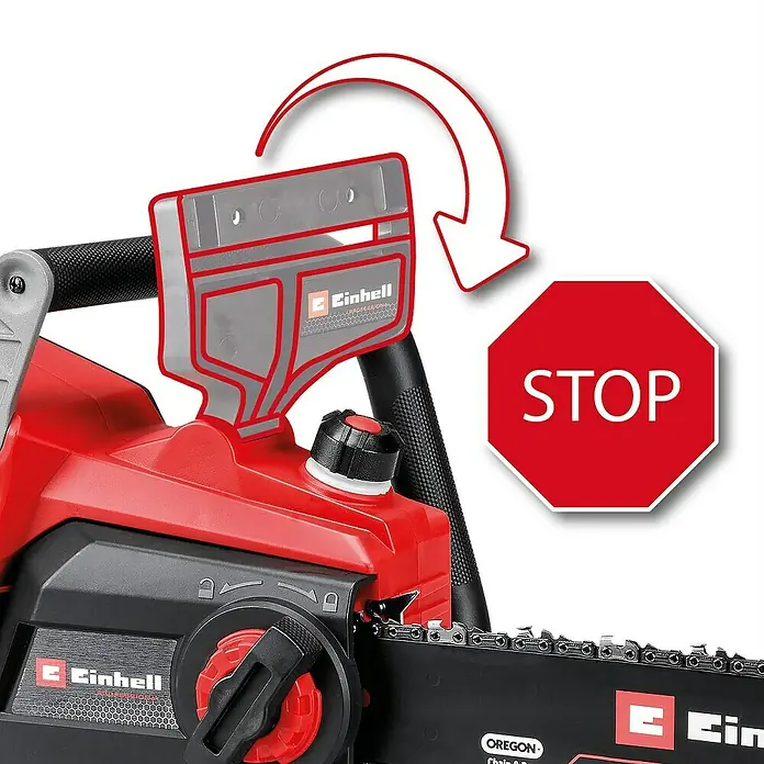 Einhell Professional PXC 18V Akku-Kettensäge GP-LC 36/40 - 36 V, Li-Ionen, Ohne Akku, Schwertlänge: 40 cm - Nahaufnahme einer roten Einhell Kettensäge mit Bremse und einem Stoppschild.