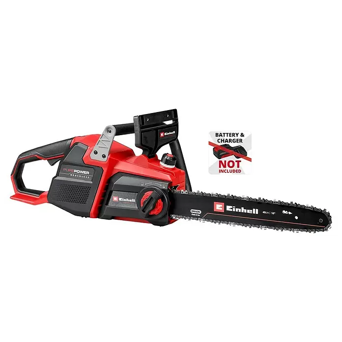 Einhell Professional Akku-Kettensäge GP-LC 36/40 - 36 V, Li-Ionen, Ohne Akku, Schwertlänge: 40 cm - Rote und schwarze Akku-Kettensäge mit Hinweis "Akku & Ladegerät nicht enthalten".