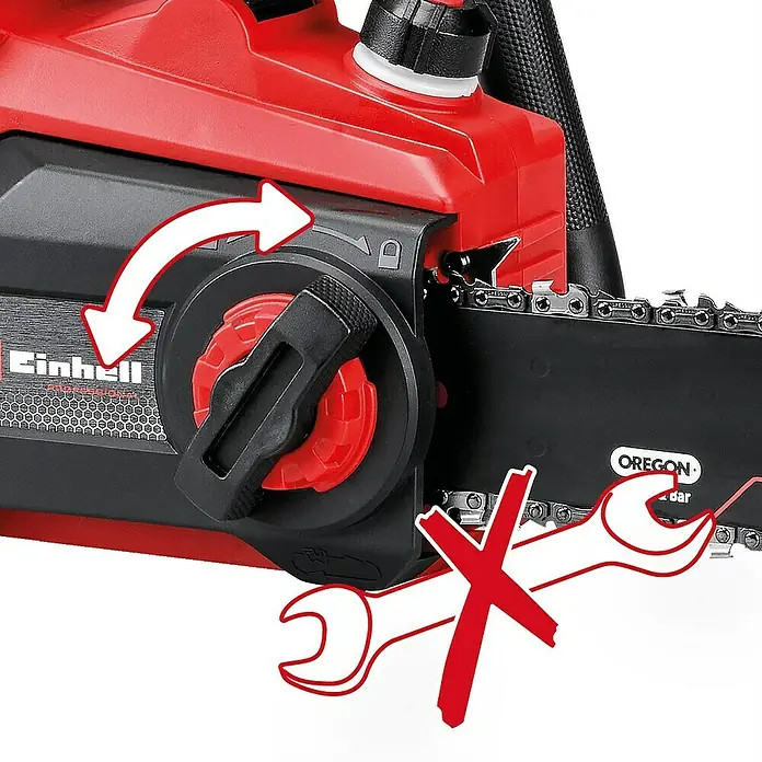 Einhell Professional PXC 18V Akku-Kettensäge GP-LC 36/40 - 36 V, Li-Ionen, Ohne Akku, Schwertlänge: 40 cm - Detailaufnahme einer roten Einhell Kettensäge mit Symbolen, die die werkzeuglose Einstellung des Kettenspanners hervorheben.