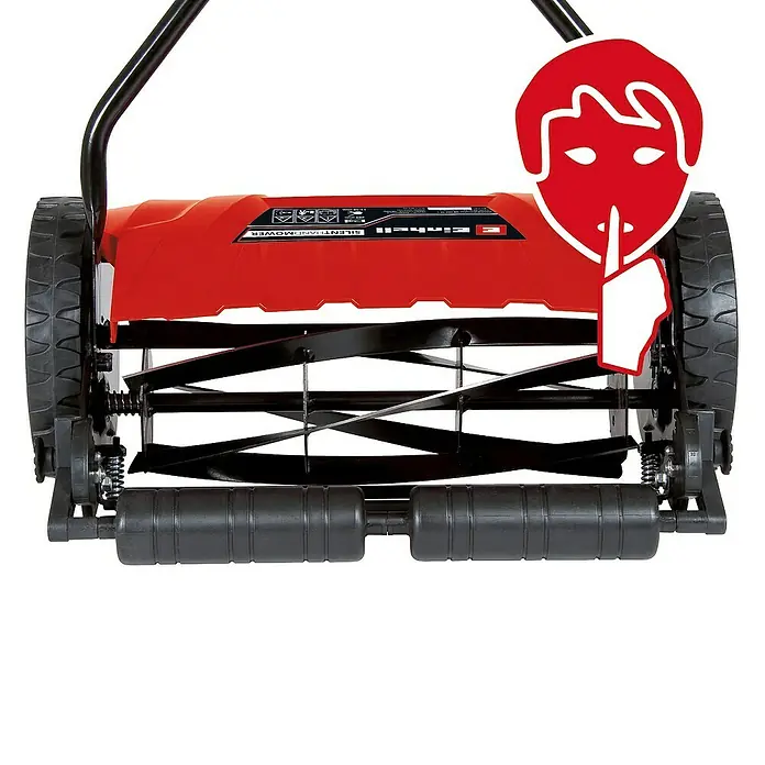 Einhell Spindelmäher GE-HM 38 S - Schnittbreite: 38 cm - Handrasenmäher im Fokus, mit roter Farbgebung und schwarzen Rädern. Eine Grafik mit einer Person, die Ruhe signalisiert, ist auf dem Gerät zu sehen.